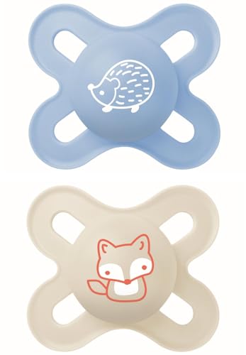MAM Chupete, Recién Nacido, 0-2 Meses, con Tetina Simétrica, Plana y Flexible de Silicona Skin Soft Silicone de Fácil Aceptación, con Caja Autoesterilizadora, Original, Azul Mate, Pack de 2uds