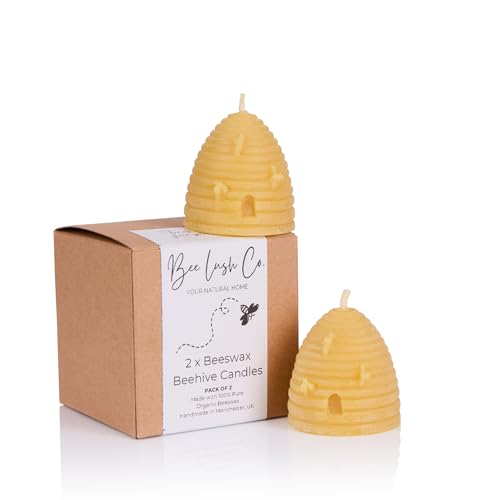 BeeLushCo Pure Beeswax Candles, 2 x Bee Hive Candles, Handmade, 100% Organic Beeswax, Natural, Non Toxic, Long Burn Time, Smokeless Burn, Each Candle 4.7 x 4.7cm