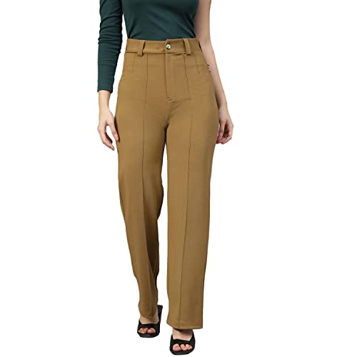 KOTTY Women Solid Polyester Blend Dijon Brown Trouser (Dijon Brown,34)
