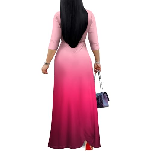 Image of PinkPatty Women's Plus Size Maxi Dress Casual 3 /4 Sleeve Dress with Belt | Soft stretch feel, printed style, flowy A-line fit, v neck, waist tie, side pockets, for vacation, party and daily wear