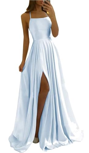 Image of Tvuyet Satin Prom Dresses Long with Pockets Spaghetti Straps A Line Bridesmaid Dresses with Side Slit Ball Gown