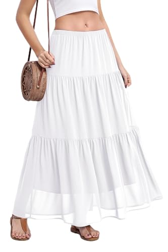 BEIGAI Rock Damen Sommer Lang Elegant Bohemien Hohe Taille Maxirock A-Line Leicht fließend Elastischer Bund Casual Freizeitrock Einfarbig sommerröcke(S-XXL) Weiß M