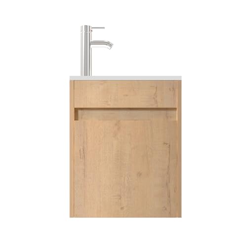 UEV Mueble de Baño con Lavabo de Resina, 41CM Mueble de Baño Suspendido Que Ahorra Espacio, Grifo Cromado Que Ahorra Agua y Desagüe Pop Up, Pequeño, Natural