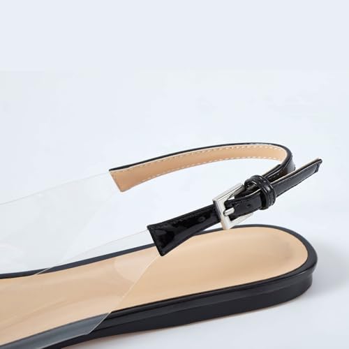 VogueVent Women's Fashion Pointed Toe Heart Transparent PVC Slingback Flat Shoes Comfort Slip On Cap Toe Clear Ballet Flats Work Wedding Dress Flat Shoes for Women Black Size 114