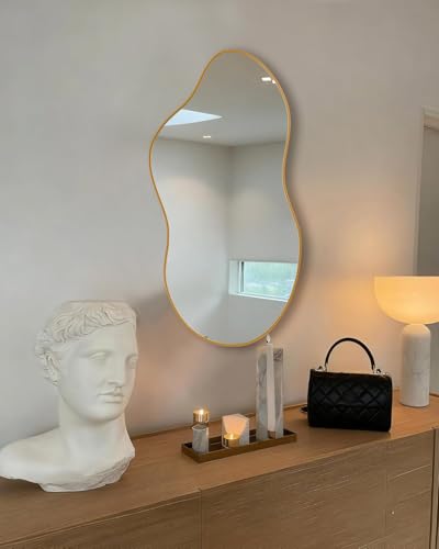 Image of Irregular Wall Mirror 20x36 Inch Wall Mirrors Decor Gold Asymmetrical | Modern Abstract Mirror for Bathroom Bedroom Living Room Entryway Hallway