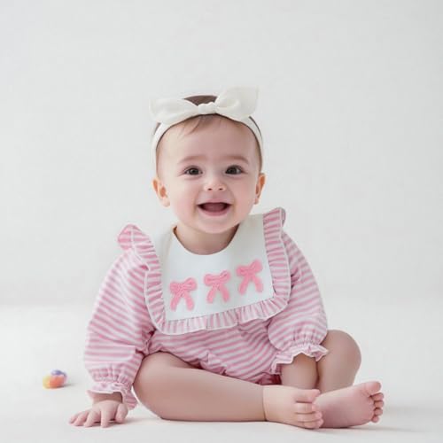 Newborn Baby Girl Fall Winter Outfit Bow Embroidered Long Sleeve Striped Square Neck Bubble Romper Infant Bodysuit2