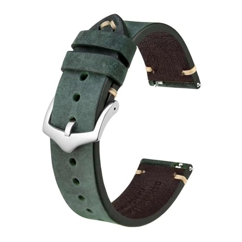 INEOUT Crazy Horse Bracelet De Montre En Cuir, 18 Mm, 20 Mm, 22 Mm, Compatible Avec La Montre Intelligente Huawei, Compatible Avec Samsung Galaxy Gear, Noir, Vert, Marron (Color : Green-Silver Buckle