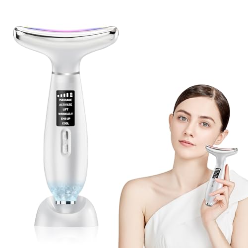 Masajeador Facial y de Cuello 6 en 1, Radiofrecuencia Facial, EMS, Luz LED y Dual Calor/Frío (45°C/5°C), para Antiarrugas, Lifting y Reafirmación de la Piel, Reductor de Papada