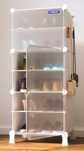 Image of BOXJOY 6 Shelf Shoe Rack with 3 Translucent Doors, 5 Hook Steel Holder & Wooden Hammer, Home Storage PP Plastic Organizer with Metal Door Frame to Cover Chappal Slipper Sandals Shoes Box Stand (White)