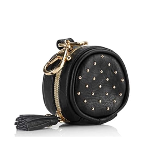 Image of Chelsea + Cole for Itzy Ritzy Studded Pacifier Case with Clip – Pacifier Charm Pod Includes Clasp, Measures 2.5" in Diameter & Holds 2 Pacifiers – Black with Sweetheart Print Interior & Gold Hardware