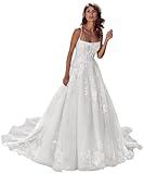 Lace Applique Spaghetti Strap Wedding Dresses for Women with Train Long Tulle Sweetheart Backless A Line Beach Wedding Bridal Ball Gowns White 8