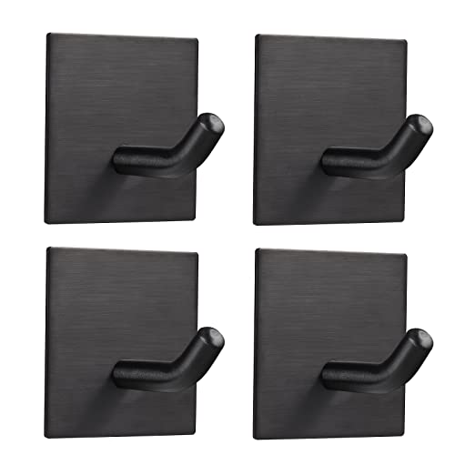 FOMANSH Heavy Duty Stainless Steel Adhesive Hooks, 4 Pack Black, Wall Mount, No Drill, 15lbs Capacity, Minimalist Design for Kitchen, Bathroom, Office