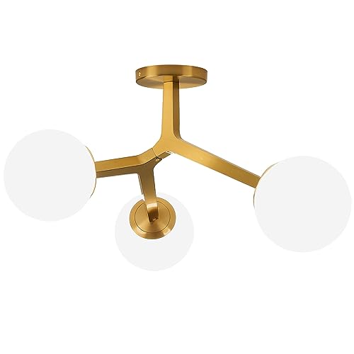 Image of Semi Flush Mount Ceiling Light Fixture 3-Light Modern Gold Sputnik Chandelier with Globe Milky Frosted Glass Shade E12 Sputnik Ceiling Light for Kitchen, Hallway Light Fixtures Ceiling