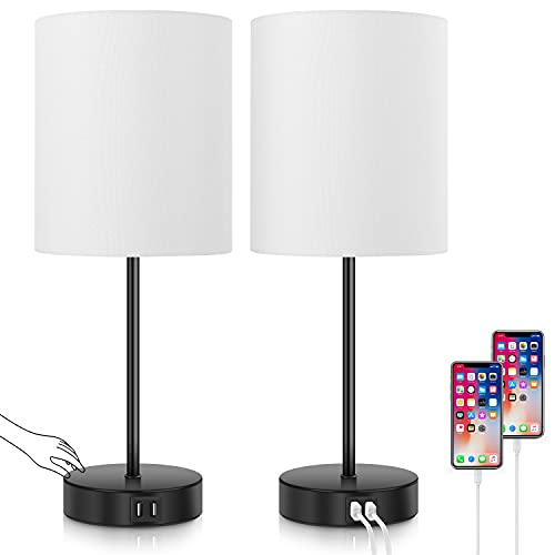 Set of 2 Touch Control Table Lamps Dimmable Desk Lamp with 2 USB Ports & AC Outlet Modern Beside Nightstand Lamp w/ White Fabric Shade Reading Lamp for Bedroom Living Room Office, Bulbs Included