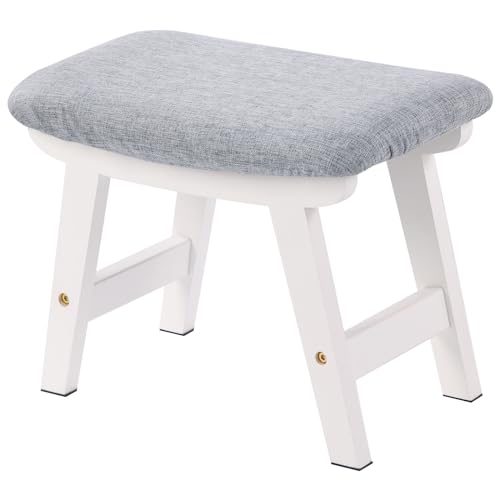 YheenLf Taburete bajo, Reposa Pies para Sofa, Banco Madera, Banqueta Dormitorio, para Sala De Estar, Balcón, Entrada, Patas Blanco y Portada Gris Claro, 38×24×29cm
