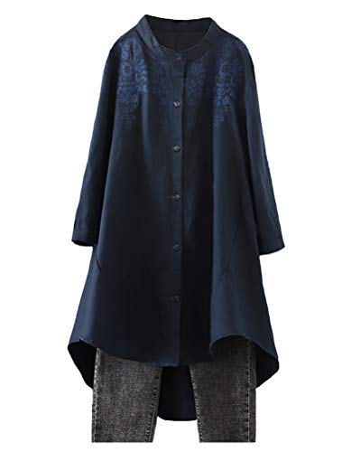 Minibee Women\'s Cotton Linen Shirt High Low Button Down Embroidered Blouse Long Sleeve Tunic Tops