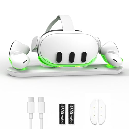 BINBOK VR Charging Dock for Meta Quest 3/ Oculus Quest 3, VR Oculus Quest 3 Charging Station for Headset & Controllers, with 2 Rechargeable Batteries, Type C-C Cables, LED Light [On/Off]
