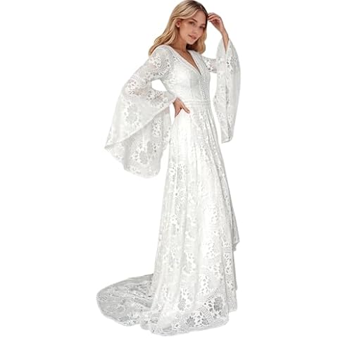 Flihodaputa Plus Size Lace Wedding Dresses for Bride with Long Sleeve A Line Long Beach Wedding Gowns Double V Neck Boho Bridal Wedding Dresses Simple Country Wedding Dresses for Women White US16Plus Cover