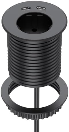 Einbausteckdose mit USB C, Dinolink Tischsteckdose mit Schuko, 2 USB C Ports, 2 M Kabel, Steckdose Schreibtisch für Büro & Werkstatt,Tischplatte, Ø 60 mm