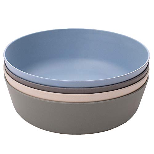 Image of WeeSprout Bamboo Kids Bowls, Set of Four 15 oz Kid-Sized Dinnerware, Cereal, Leftovers & Snack Bowl, Dishwasher Safe (Blue, Green, Gray, & Beige)