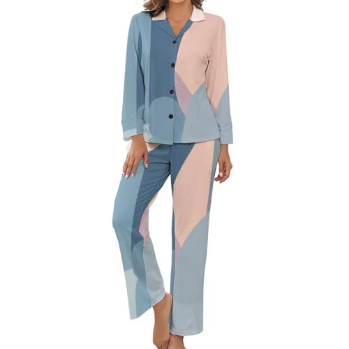 Pyjama femme doux ensemble géométrie abstraite avec chemise manches longues et pantalon grande taille