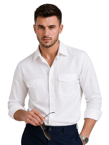 Image of Veirdo Men's Pure Cotton Utility Shirt | Full Sleeve Casual Button-Down with Dual Chest Pockets | Stylish & Comfortable Everyday Wear | Colors: Beige, Black, Maroon, Olive, Rust & White