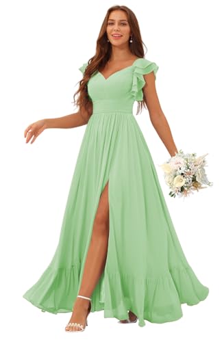 Image of Clothfun Ruffle Sleeve Elegant Bridesmaid Dresses Long Chiffon Formal Dress CYN007