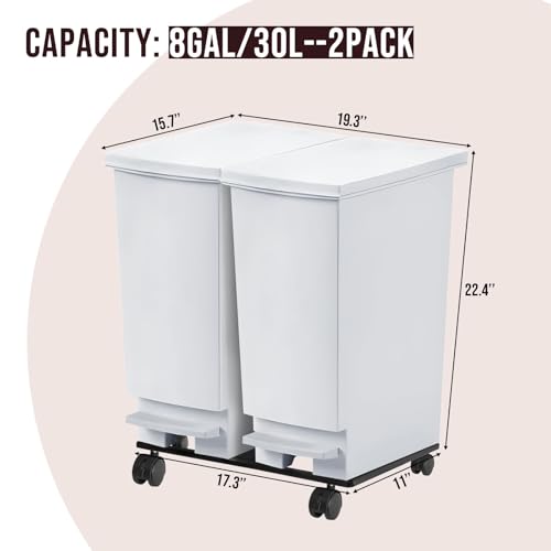 Image of Large Trash Can with Wheels and Lid, 8 Gallon Kitchen Foot Pedal Garbage Can with 360 Swivel Casters, Hands Free Step On Recycling White Trash Can - Odor Block, Durable Metal Wheel Base, 2Pack