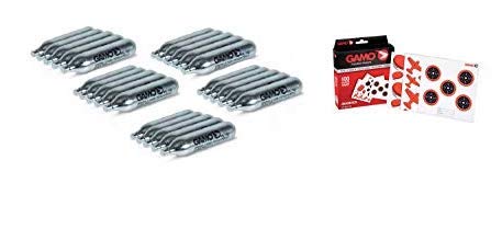 Pack 25 bombonas CO2 12gr. Gamo + 100 Dianas Gamo variadas. para Pistolas y Carabinas