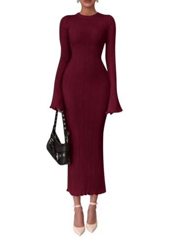 Image of PRETTYGARDEN Women's Sweater Dress Long Sleeve Maxi Dresses | Bell Sleeve Stretchy, Ribbed Knit Long Bodycon Fall Winter Wedding Guest Dress, Classy Party Holiday Outfits, Fashion Clothes