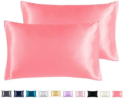Adubor Satin Pillowcase 2 Pack Silky Pillow Cases for Hair and Skin, Anti-Wrinkle, Super Soft and Luxury Pillow Cases Covers with Envelope Closure (Coral Pink, 20''x26'')