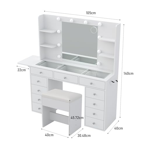 Yanosaku Tocador con Fuente de alimentación 47 Pulgadas más Ancho con Espejo y 12 Luces LED 3 Modos de iluminación de Color 11 cajones 4 estantes Panel Plegable Mesa de Cristal Juego de Maquillaje - imagen 8
