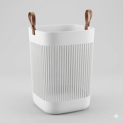 Image of AIR O MATIC Plastic Rectangle Laundry Basket with Breathable Slotted Design & Ergonomic Leather Grip Handles - Large Ventilated Clothes Hamper for Bedroom, Bathroom & Laundry Room (White)