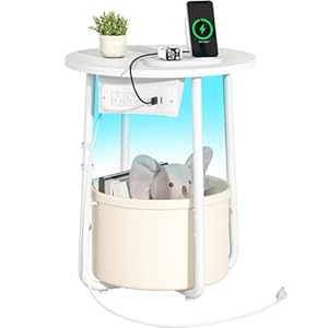 Yoobure Small Side Table, LED Night Stand with Charger Station, Round End Table, Basket Storage for Living Room or Bedroom, Modern Accent Nightstand for Small Spaces, 15.8″ × 15.8″ × 19.7″, White