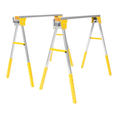 Saw Horse, Folding Saw Horses Twin Pack, Heavy Duty Work Bench Work Trestle Height Adjustable, 1200kg Capacity Per Pair, for Warehouse Factory Workspace Garage Courtyard (Yellow+Silver)