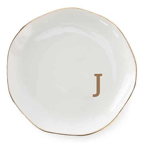 VINCOMIC Initials Ring Dish Jewery Tray with personalized J-Monogrammed Gifts Wedding Engagement for Women Friends sister,Ceramic White