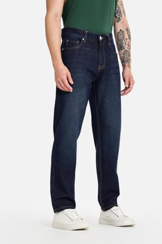 Image of SNITCH Men Casual Jeans | Relaxed Fit Straight Leg Washed Pattern & Drawstring Closure | 100% Cotton Denim Fabric for All Day Comfort & Everyday Wear