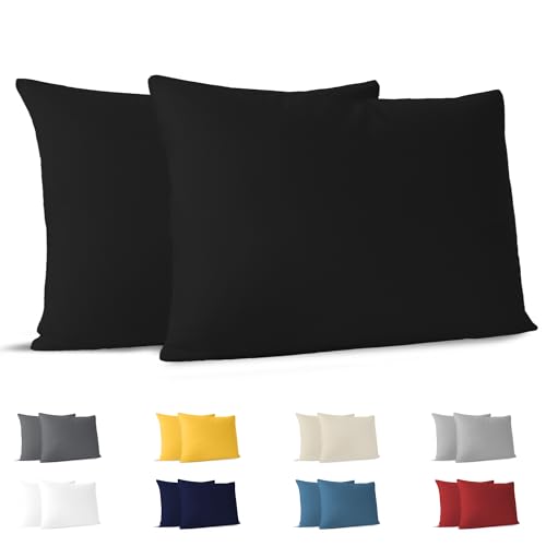 Dreamzie Taie Oreiller 50 x 70 cm Coton (Lot de 2) 100% Coton Jersey 150 GSM -Noir - Taie...