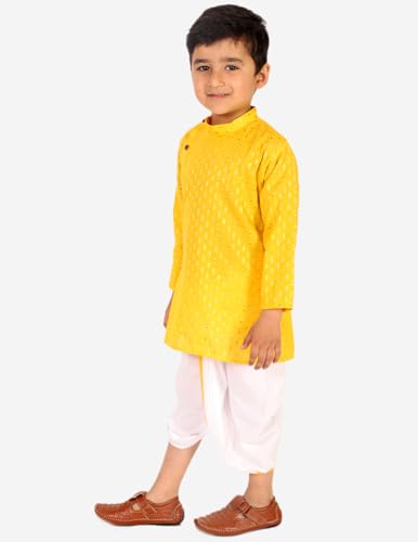 Superminis Boy's Cotton Kurta with Dhoti - Golden Thread Work, Side Button Kurta Set for Ethnic Wear