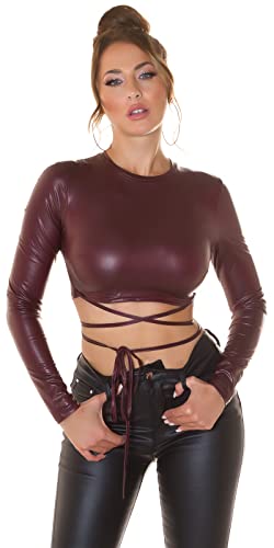 Koucla Top Wetlook Crop Top Shirt zum Binden Bauchfrei Langarm (Bordeaux)