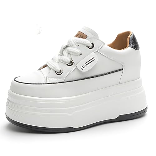 JYSGYLT 3 inch - 3.5 inch White Platform Sneakers for Women (White, US 7.5) - 6cm Heel 3cm Lift Comfy Cushioned Arch Support Non-Slip Walking Shoes, Microfiber Leather Platform Shoes