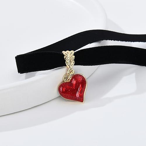 Vintage Black Choker Necklace for Women, Velvet Drip oil Red Heart Black Choker, Valentines Day Halloween Cosplay Party Jewelry, Adjustable Length from 10-14 Inches2