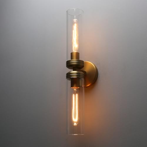 Image of Pathson 2 Lights Cylinder Glass Wall Sconce, Hardwired Wall Vanity Lights with Double Tube Glass, Vintage Aluminum Wall Lamp Decor for Living Room Bedroom (Brass Gold 1-Pack)