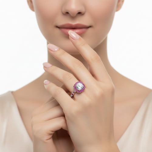 Image of Choose Your Gemstone Round Diamond CZ Square Halo Ring Rose Gold Plated Round Shape Petite Engagement Rings Matching Jewelry Wedding Jewelry Easy to Wear Gifts US Size 4 to 12