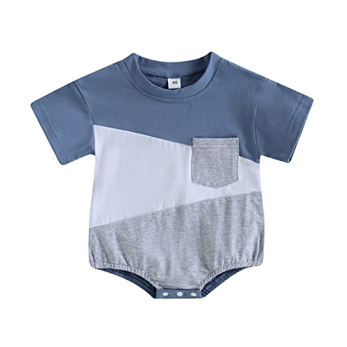 Image of Twopumpkin Baby Boy Bubble Romper Summer Outfit Oversized Tshirt Rompers Infant Onesie Cute Clothes 3-6 Months Color Block Blue