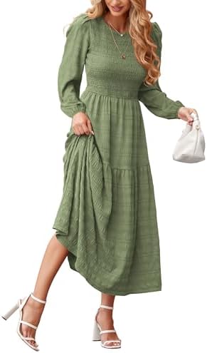 dowerme Women's Dresses 2025 Fall Puff Long Sleeve Crewneck Smocked Tiered Flowy A-Line Boho Wedding Party Maxi Dress