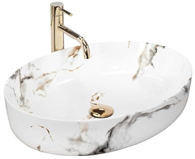 Foto di Rea Lavabo da Appoggio QUEEN CARRARA Lavandino bagno 550 x 415 x 140 mm in Ceramica (Bianco, Imitazione Marmo)