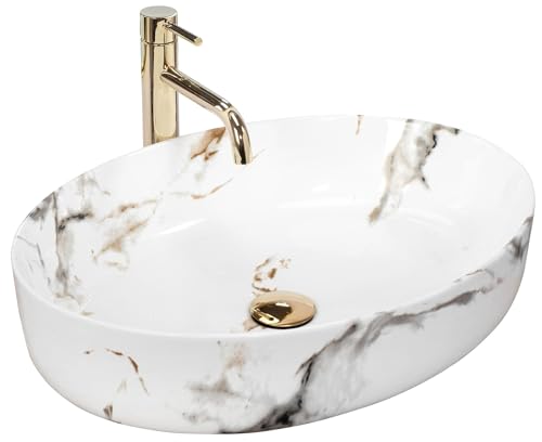 Rea VASQUE À POSER QUEEN CARRARA SHINY Lavabo Salle de Bain 550 x 415 x 140 mm en Céramique (Blanc, imitation de marbre)