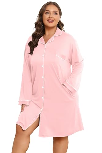 Image of Vozanet Women Button Down Nightgown Plus Size Nursing Nightshirt Long Sleeve Nighty Bridal Dress with Pockets XL-5XL