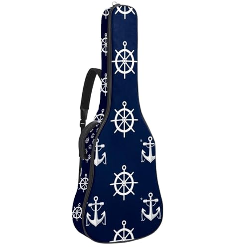 Acoustic Guitar Bag, Soft Guitar Case with 2 Pockets and Back Hanger Loop for 40 41 42 Inch Electric Bass Classical Guitars, Nautical Anchors and Steering Wheels on Navy Blue Background